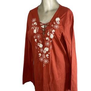 Old Navy Terracotta Floral Embroidered Peasant Top Lace Up V-Neck Large
